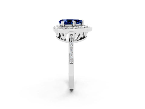 White gold Pear Cut Blue Sapphire Halo Ring with Split Shank and Four-Prong Setting_2