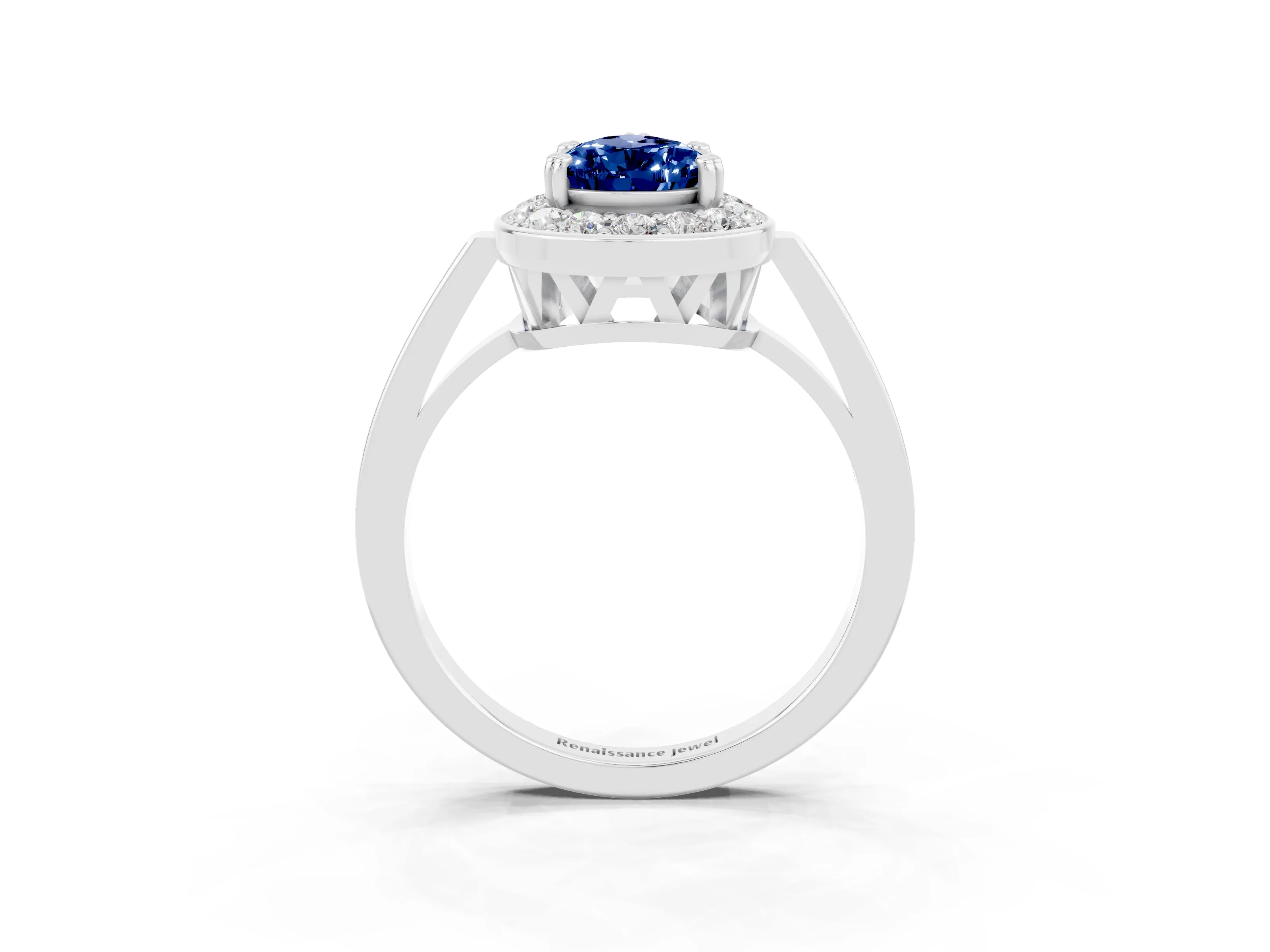 White gold Pear Cut Blue Sapphire Halo Ring with Split Shank and Four-Prong Setting_3