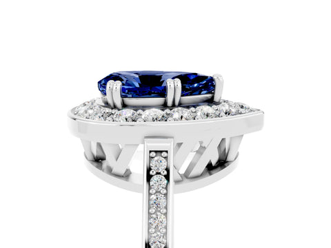 White gold Pear Cut Blue Sapphire Halo Ring with Split Shank and Four-Prong Setting_5