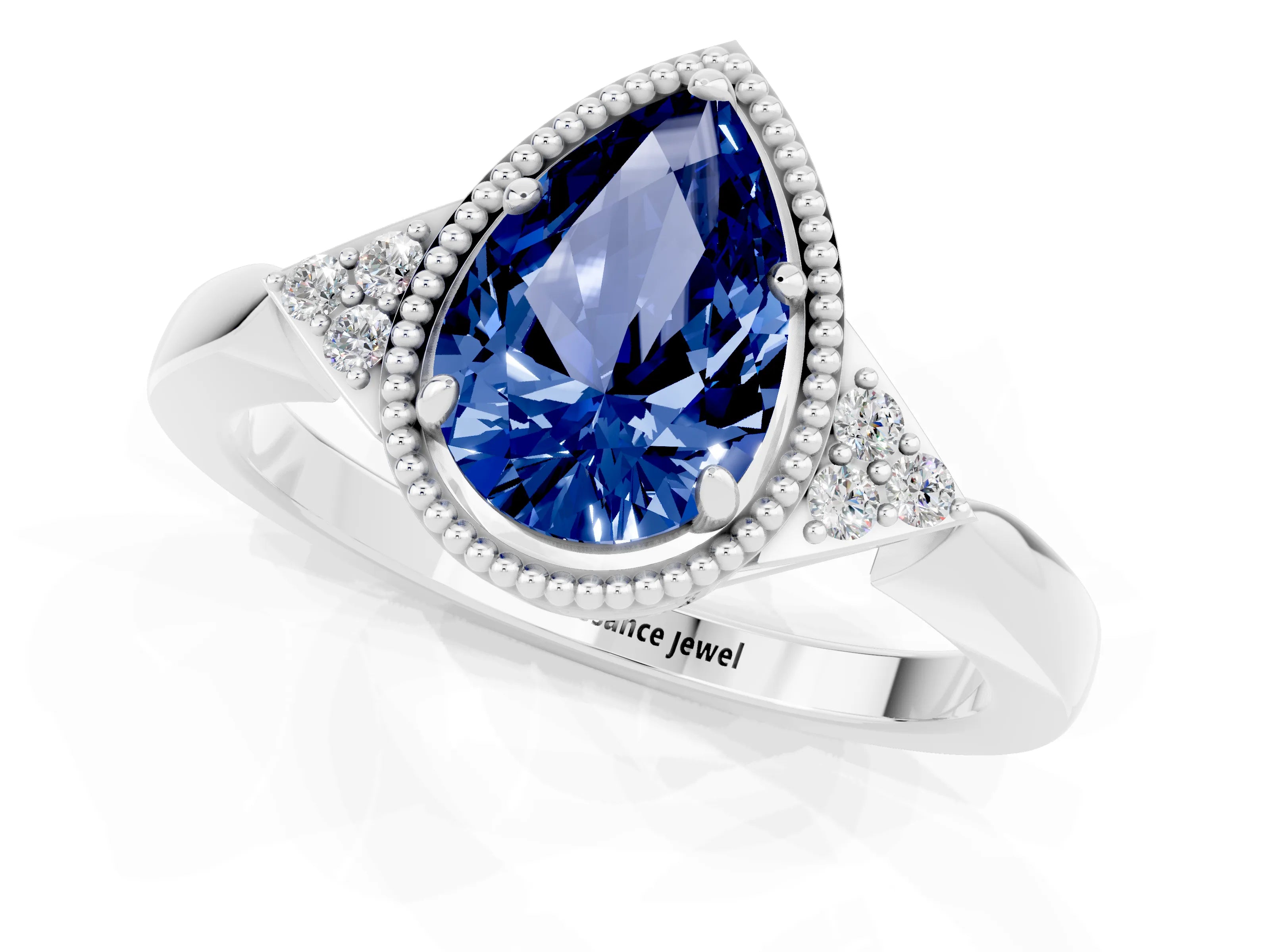 White gold Pear Cut Blue Sapphire Halo Ring with Tapered Band and Four-Prong Setting_1