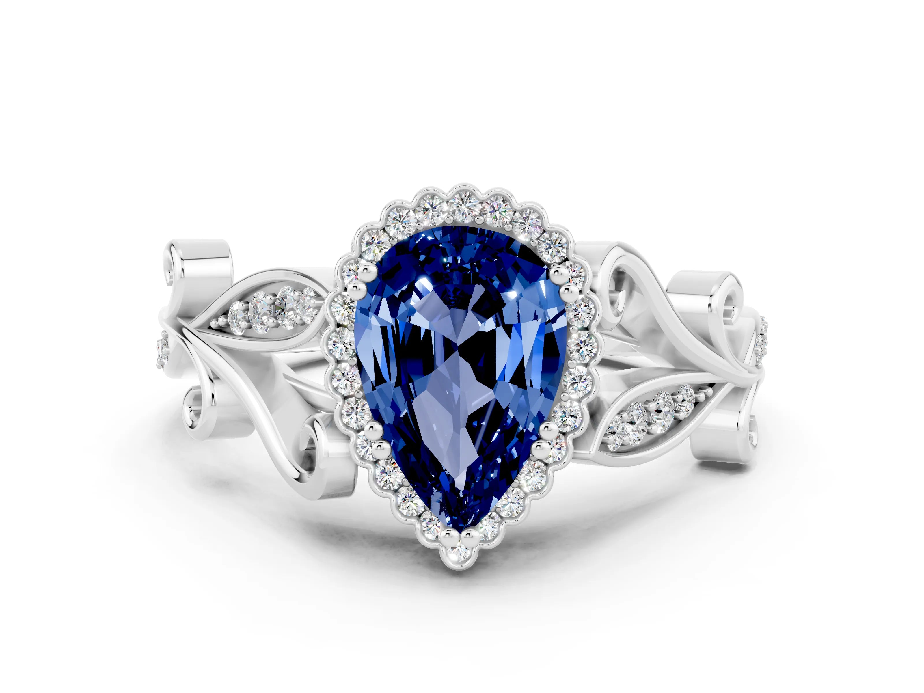 White gold Pear Cut Blue Sapphire Halo Ring with Vintage Split Shank and Four-Prong Setting