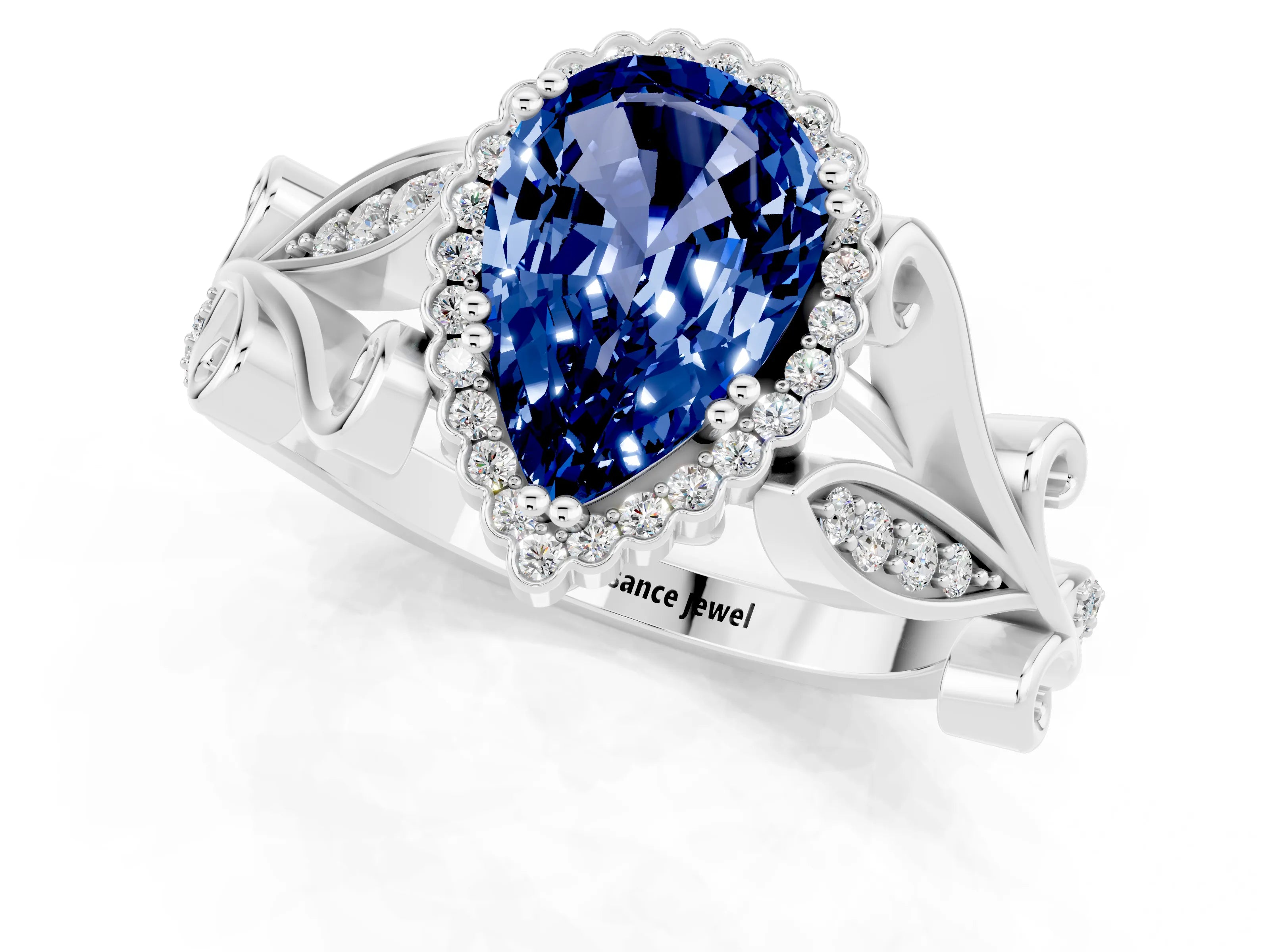 White gold Pear Cut Blue Sapphire Halo Ring with Vintage Split Shank and Four-Prong Setting_1