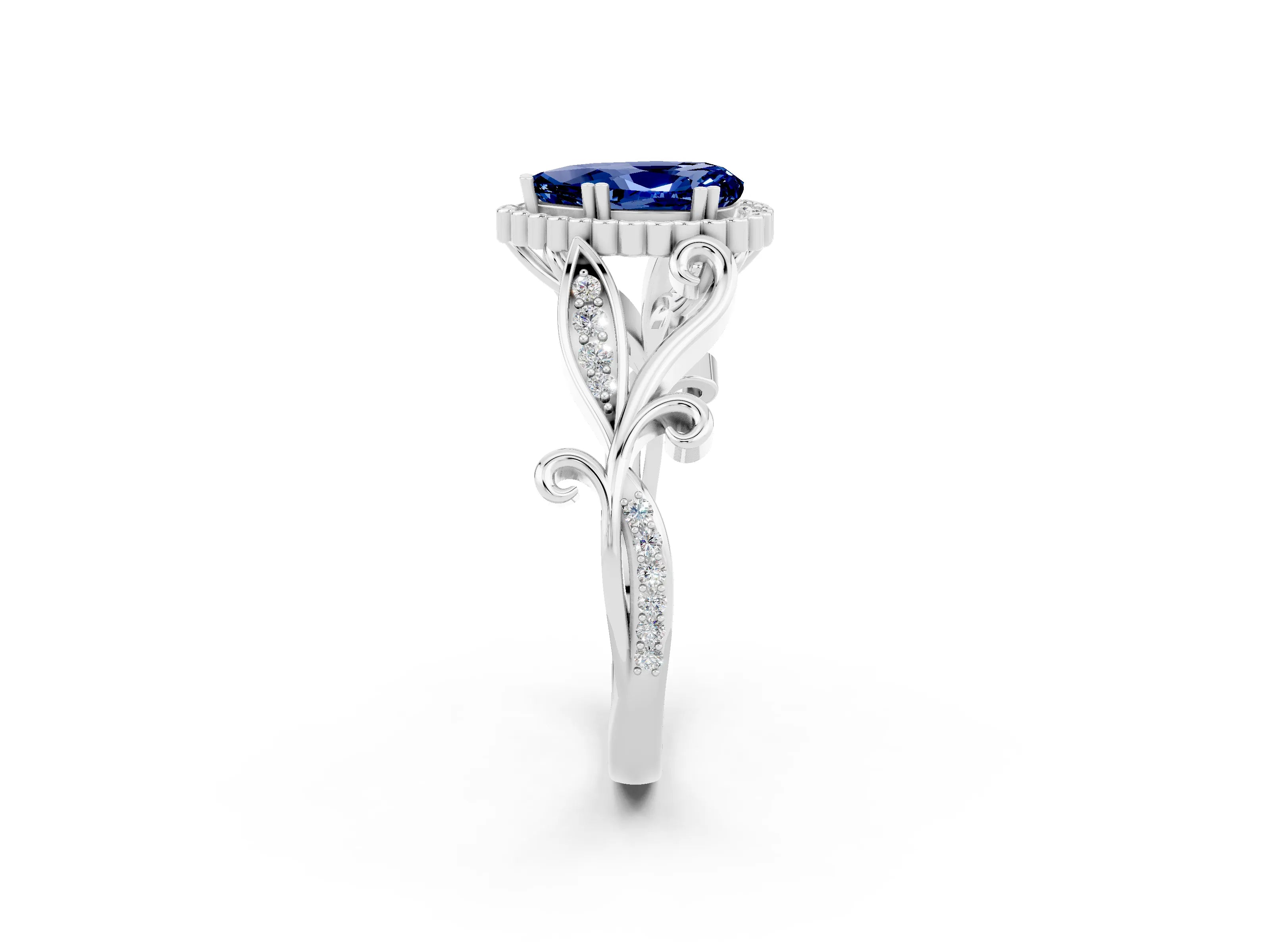 White gold Pear Cut Blue Sapphire Halo Ring with Vintage Split Shank and Four-Prong Setting_2