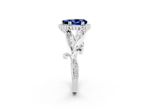 White gold Pear Cut Blue Sapphire Halo Ring with Vintage Split Shank and Four-Prong Setting_2