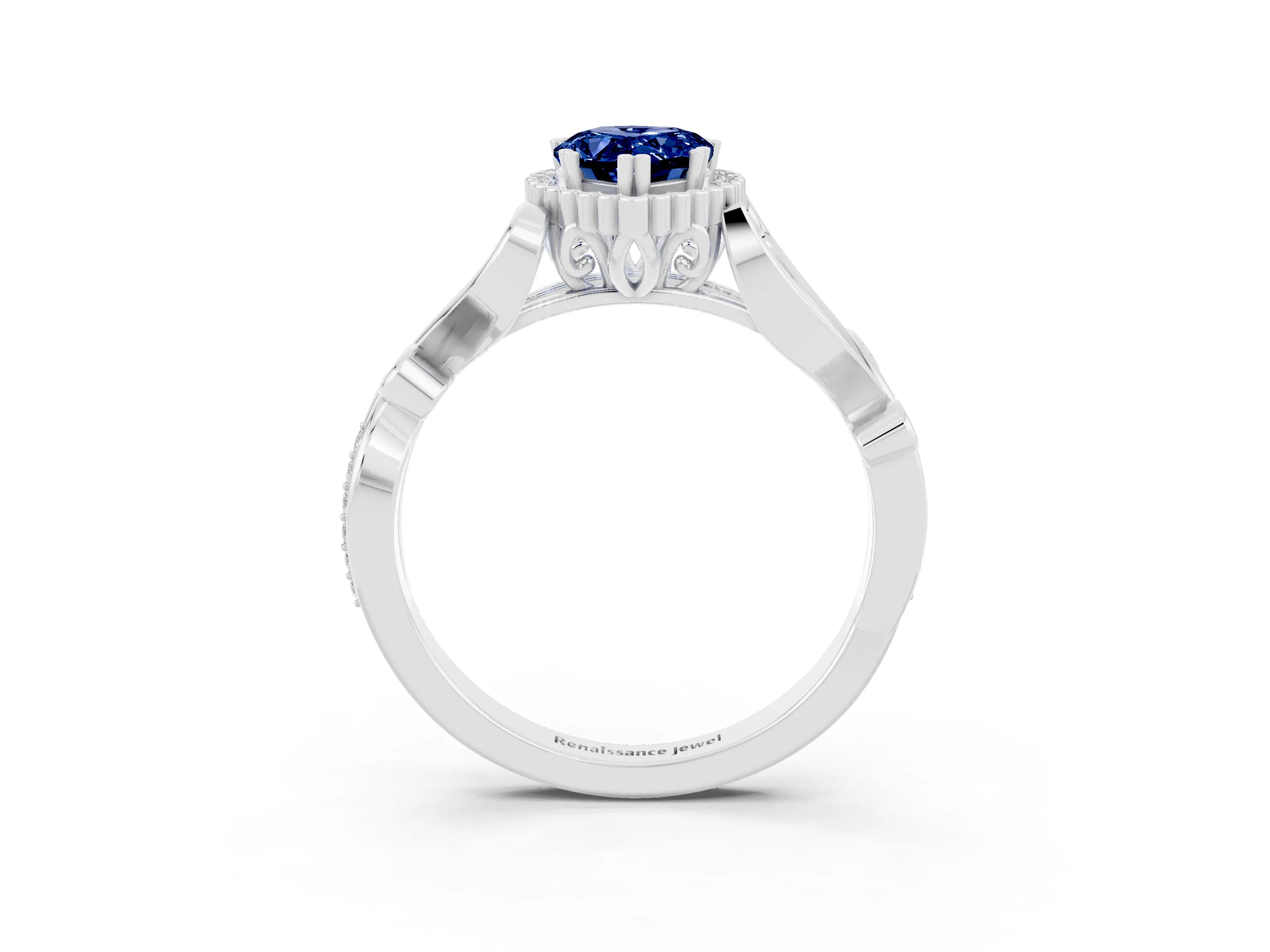 White gold Pear Cut Blue Sapphire Halo Ring with Vintage Split Shank and Four-Prong Setting_3