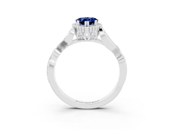Platinum Pear Cut Blue Sapphire Halo Ring with Vintage Split Shank and Four-Prong Setting
