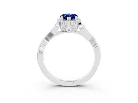 White gold Pear Cut Blue Sapphire Halo Ring with Vintage Split Shank and Four-Prong Setting_3