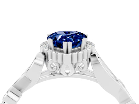 White gold Pear Cut Blue Sapphire Halo Ring with Vintage Split Shank and Four-Prong Setting_4