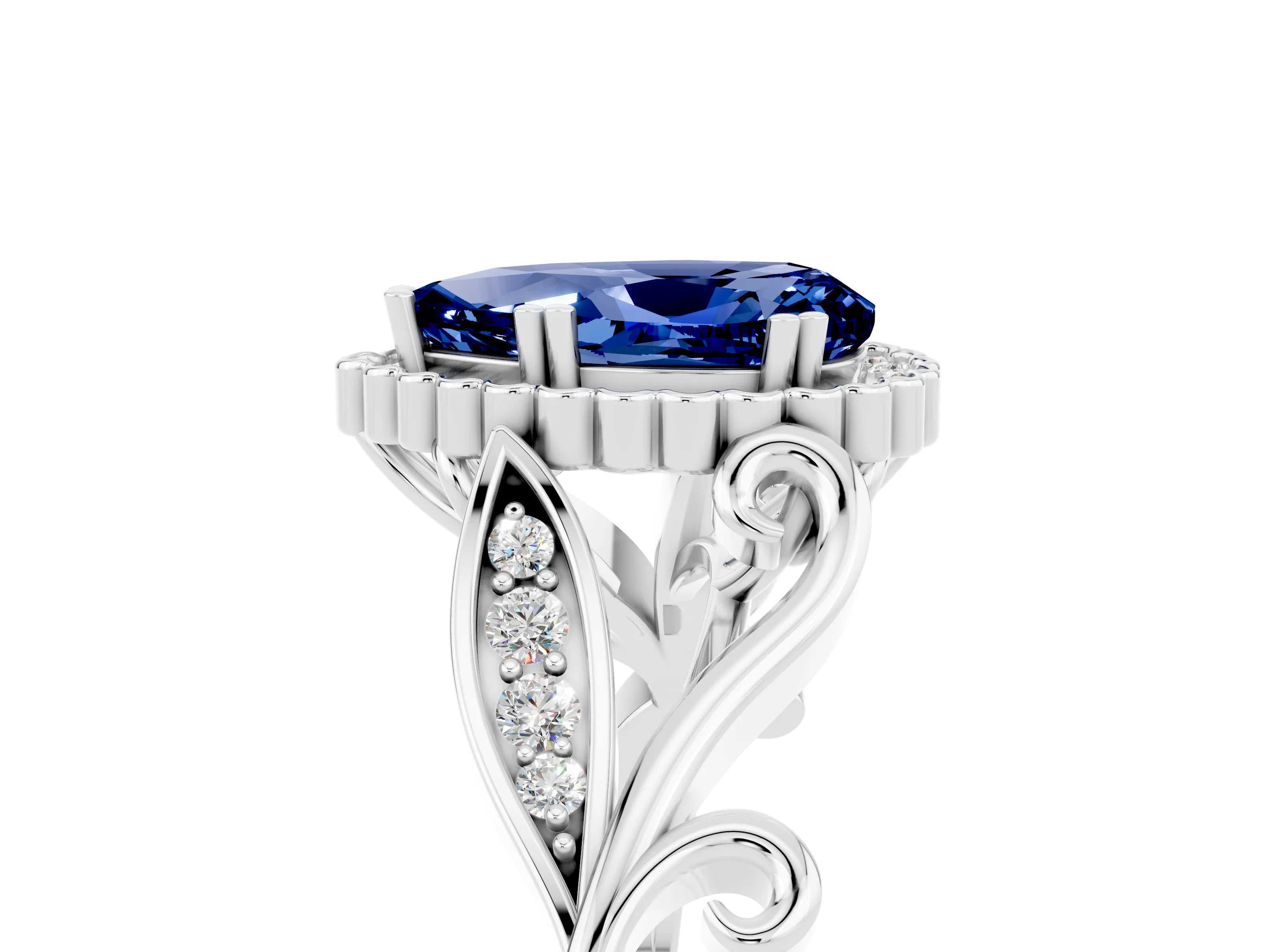 White gold Pear Cut Blue Sapphire Halo Ring with Vintage Split Shank and Four-Prong Setting_5