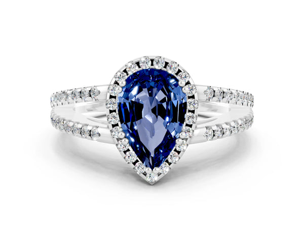 Platinum Pear Cut Blue Sapphire Halo Split Shank Engagement Ring
