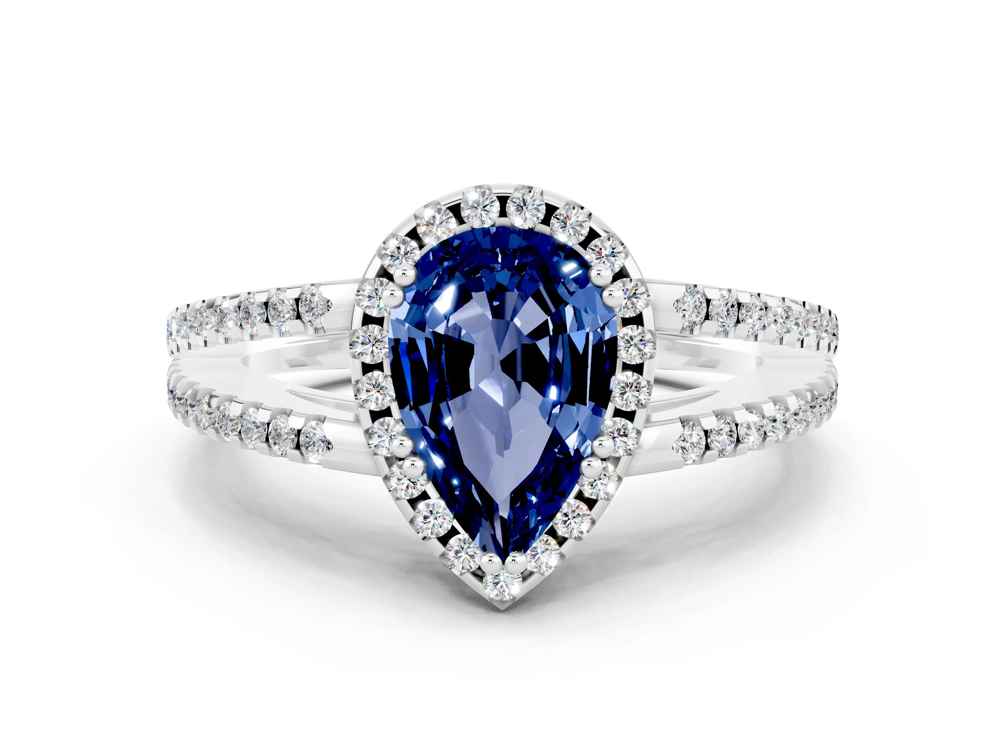 White gold Pear Cut Blue Sapphire Halo Split Shank Engagement Ring_12