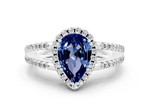 White gold Pear Cut Blue Sapphire Halo Split Shank Engagement Ring_12