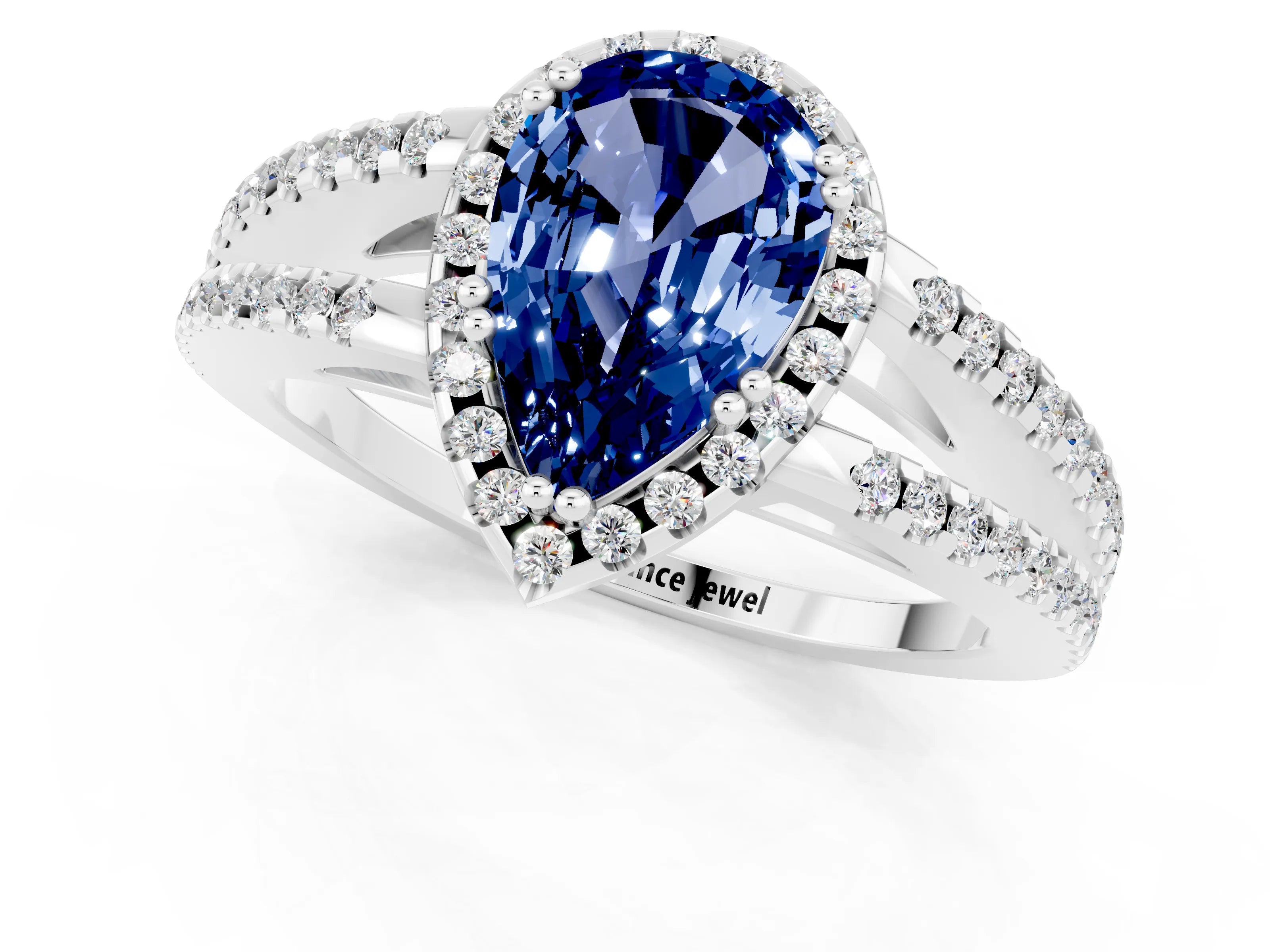 White gold Pear Cut Blue Sapphire Halo Split Shank Engagement Ring_13