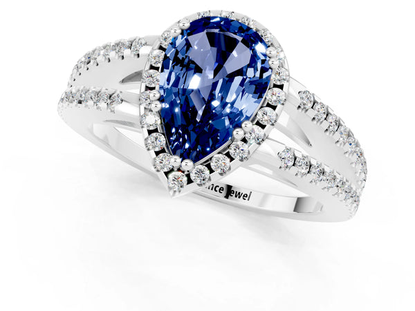 White gold Pear Cut Blue Sapphire Halo Split Shank Engagement Ring