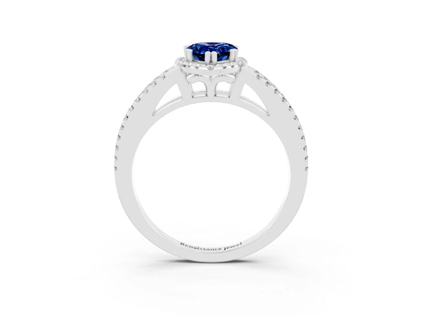 Platinum Pear Cut Blue Sapphire Halo Split Shank Engagement Ring