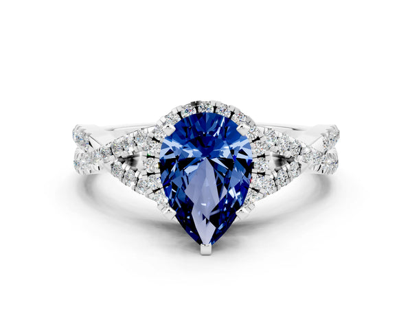 Platinum Pear Cut Blue Sapphire  Halo Twist Band Solitaire Prong Setting Ring