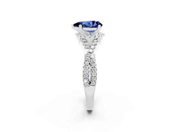 Silver Pear Cut Blue Sapphire  Halo Twist Band Solitaire Prong Setting Ring