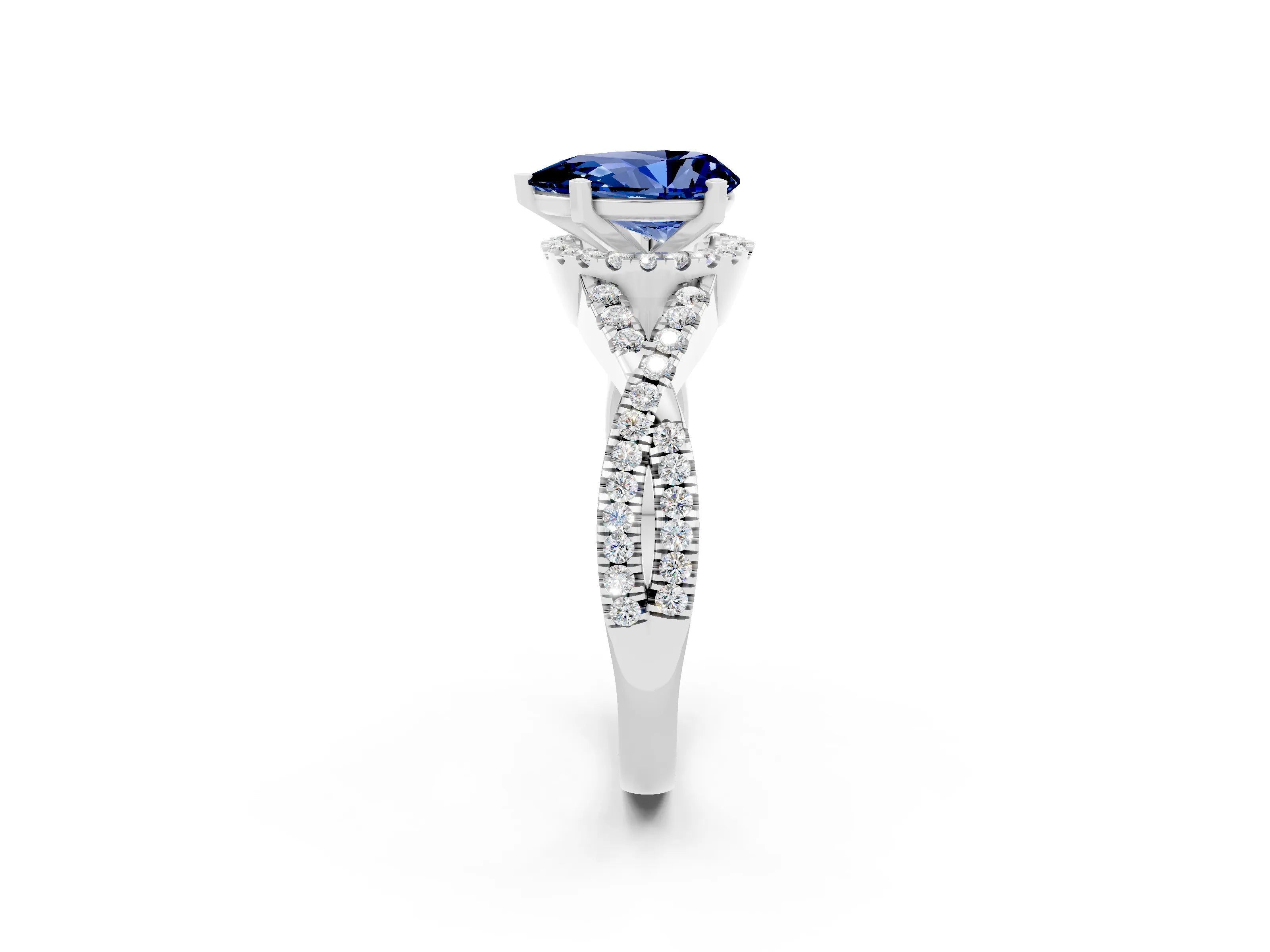 White gold Pear Cut Blue Sapphire Halo Twist Band Solitaire Prong Setting Ring_2
