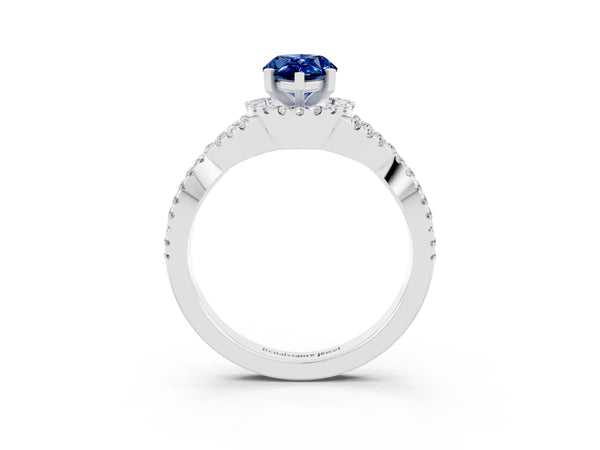 Platinum Pear Cut Blue Sapphire  Halo Twist Band Solitaire Prong Setting Ring