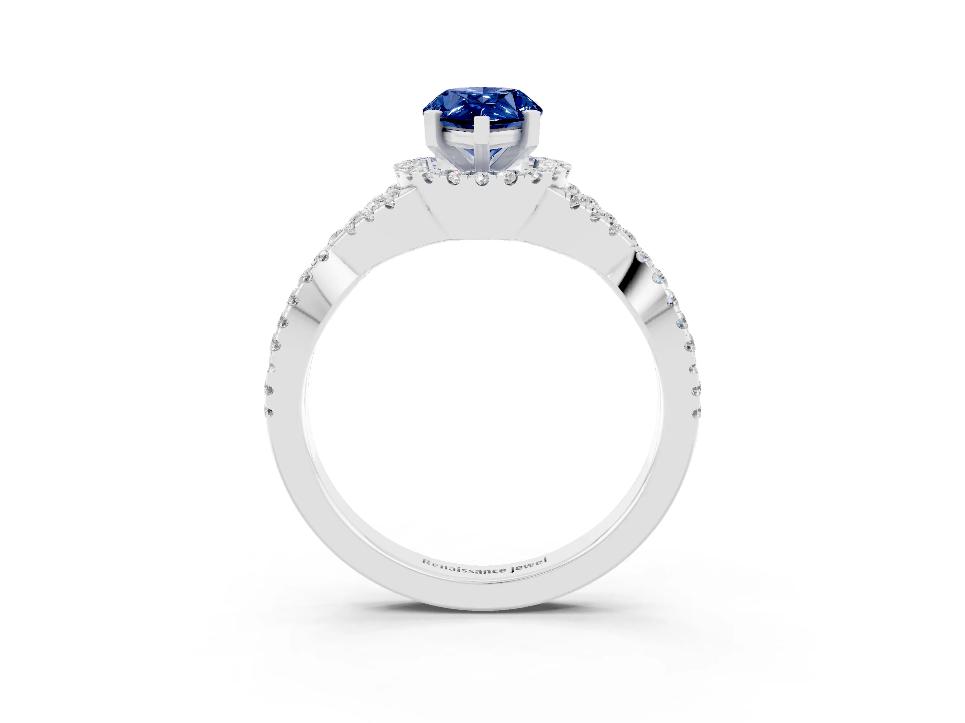 White gold Pear Cut Blue Sapphire Halo Twist Band Solitaire Prong Setting Ring_3