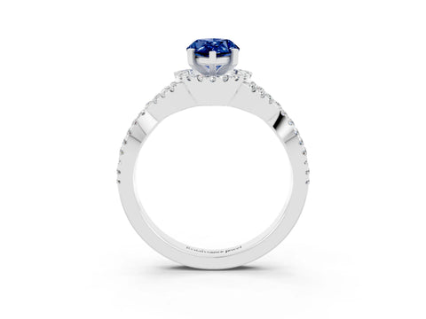 White gold Pear Cut Blue Sapphire Halo Twist Band Solitaire Prong Setting Ring_3