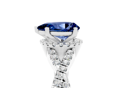 White gold Pear Cut Blue Sapphire Halo Twist Band Solitaire Prong Setting Ring_5