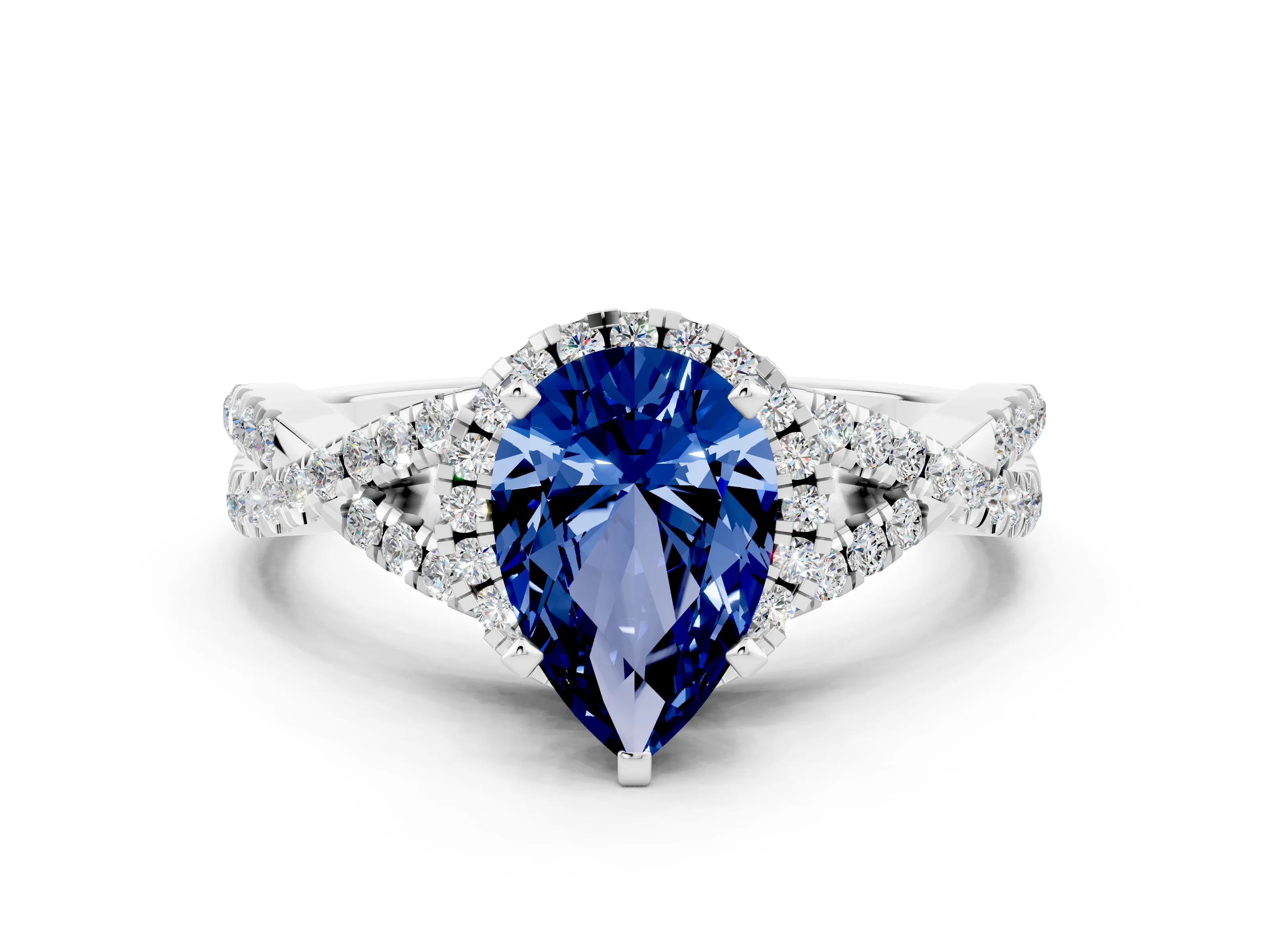 White gold Pear Cut Blue Sapphire Halo Twist Band Solitaire Prong Setting Ring