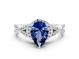 White gold Pear Cut Blue Sapphire Halo Twist Band Solitaire Prong Setting Ring