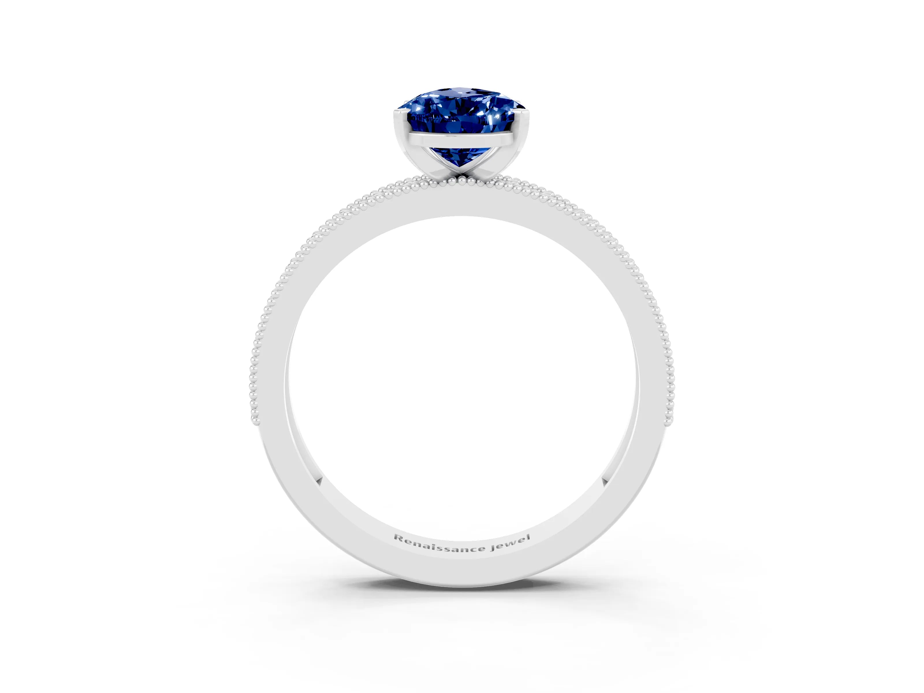 White gold Pear Cut Blue Sapphire Milgrain Pavé Engagement Ring with Four-Prong Setting_3
