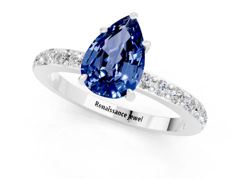 White gold Pear Cut Blue Sapphire Pavé Engagement Ring with Round  Accents and Prong Setting_25