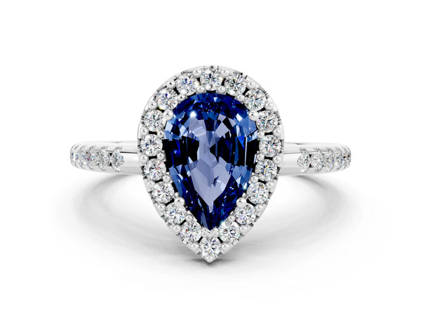 Platinum Pear Cut Blue Sapphire Pavé Halo Ring with Four-Prong Setting