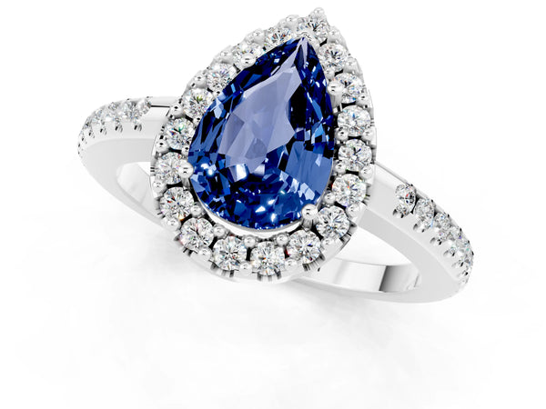 White gold Pear Cut Blue Sapphire Pavé Halo Ring with Four-Prong Setting