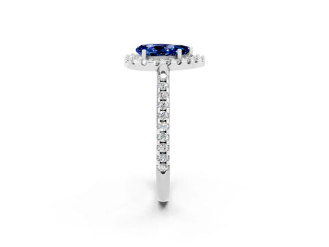 White gold Pear Cut Blue Sapphire Pavé Halo Ring with Four-Prong Setting_14
