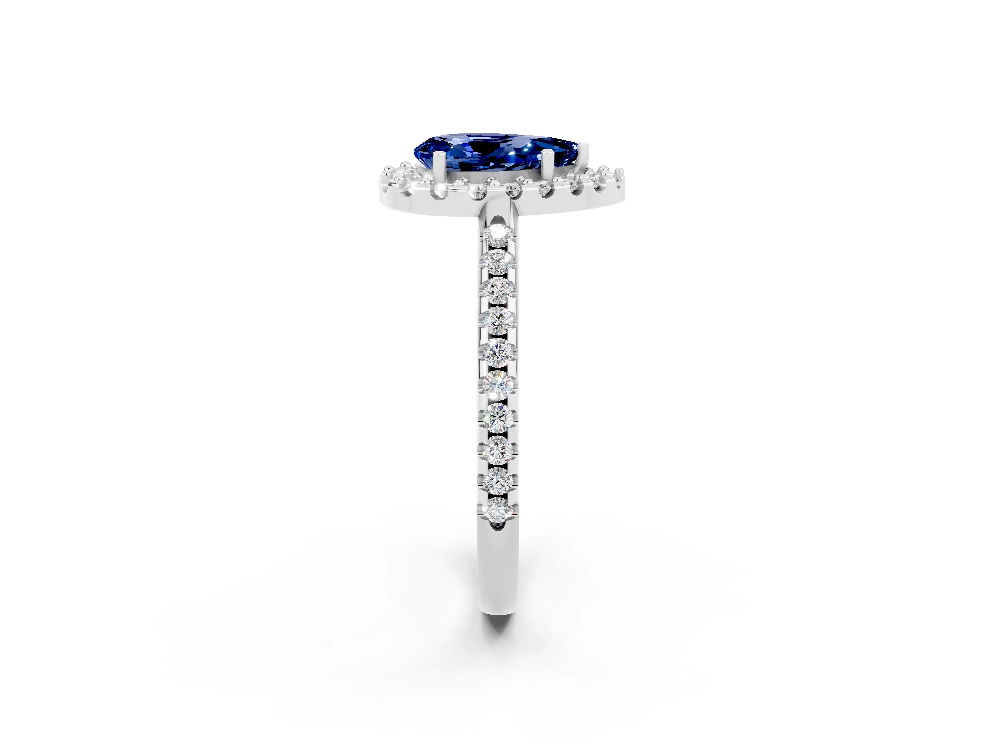 White gold Pear Cut Blue Sapphire Pavé Halo Ring with Four-Prong Setting_14