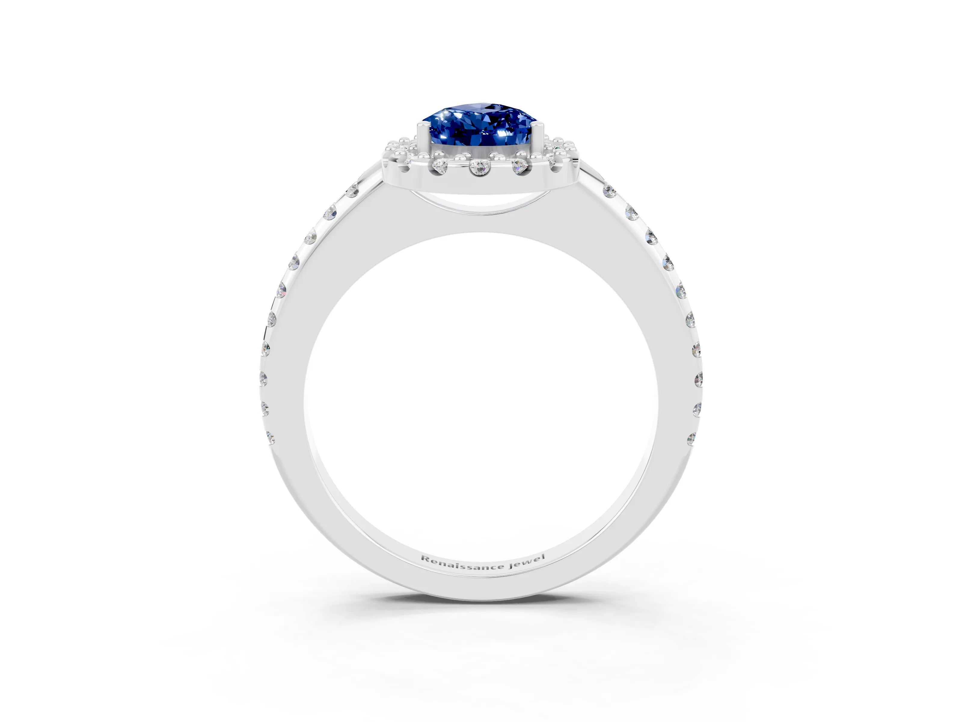 White gold Pear Cut Blue Sapphire Pavé Halo Ring with Four-Prong Setting_15