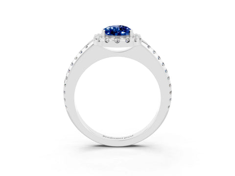 White gold Pear Cut Blue Sapphire Pavé Halo Ring with Four-Prong Setting_15