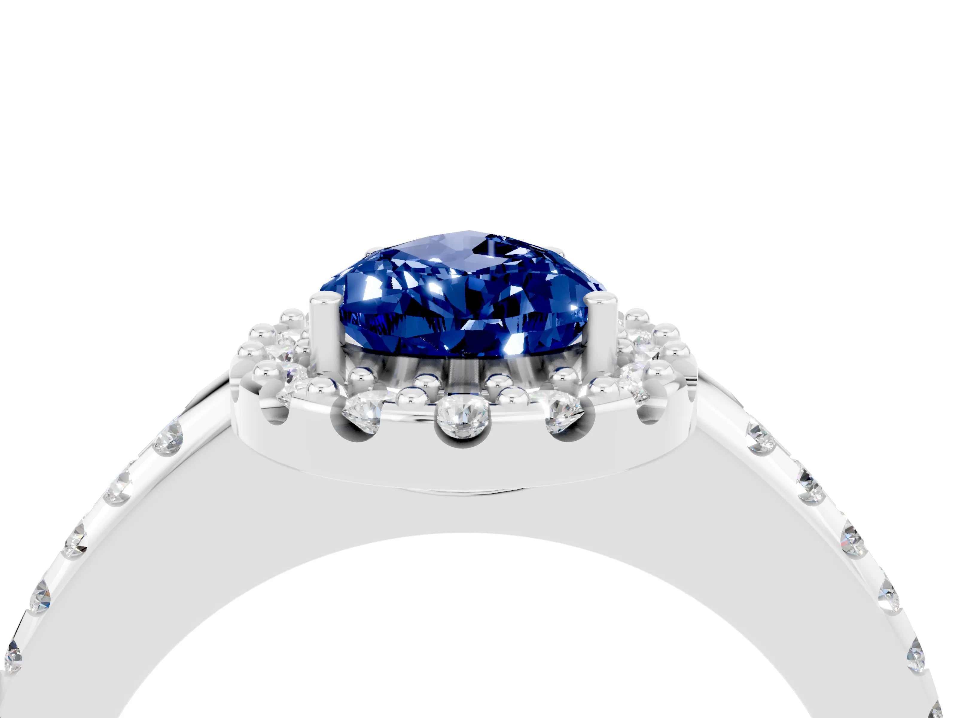 White gold Pear Cut Blue Sapphire Pavé Halo Ring with Four-Prong Setting_16
