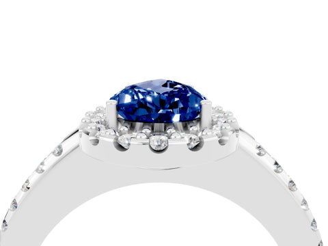 White gold Pear Cut Blue Sapphire Pavé Halo Ring with Four-Prong Setting_16