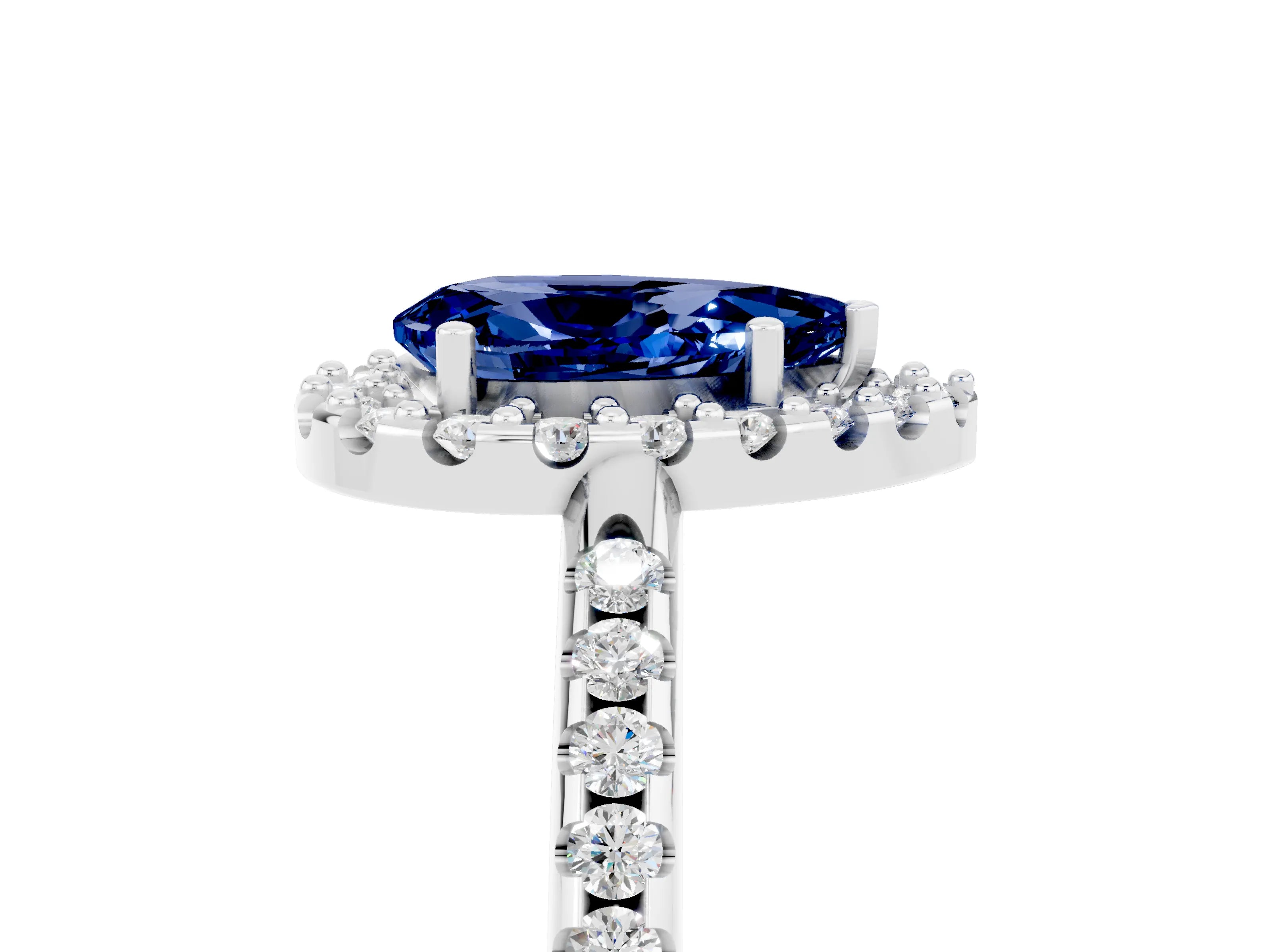 White gold Pear Cut Blue Sapphire Pavé Halo Ring with Four-Prong Setting_17