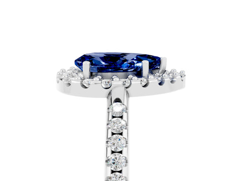 White gold Pear Cut Blue Sapphire Pavé Halo Ring with Four-Prong Setting_17