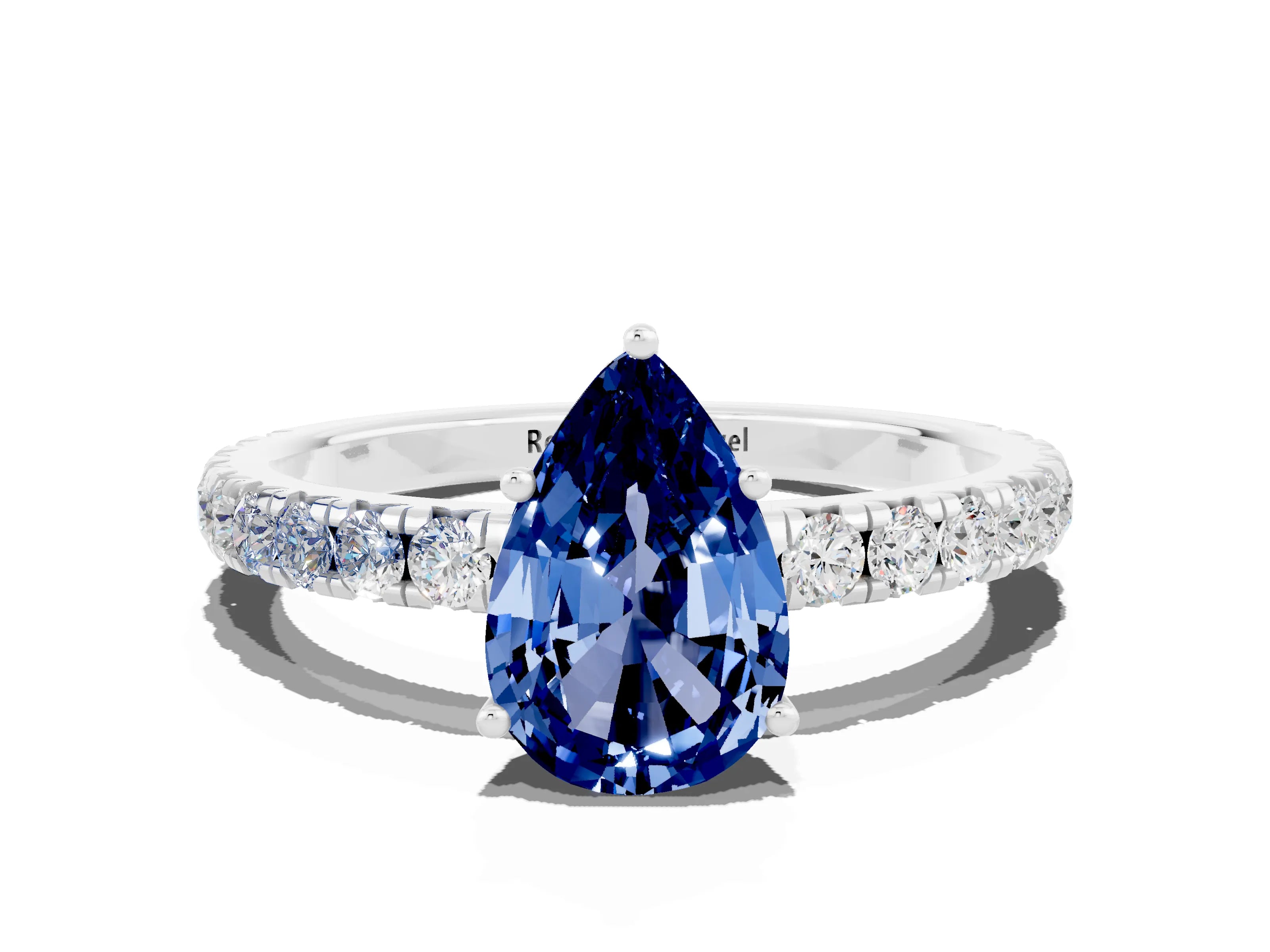 White gold Pear Cut Blue Sapphire Pavé Solitaire Engagement Ring with Four-Prong Setting_12