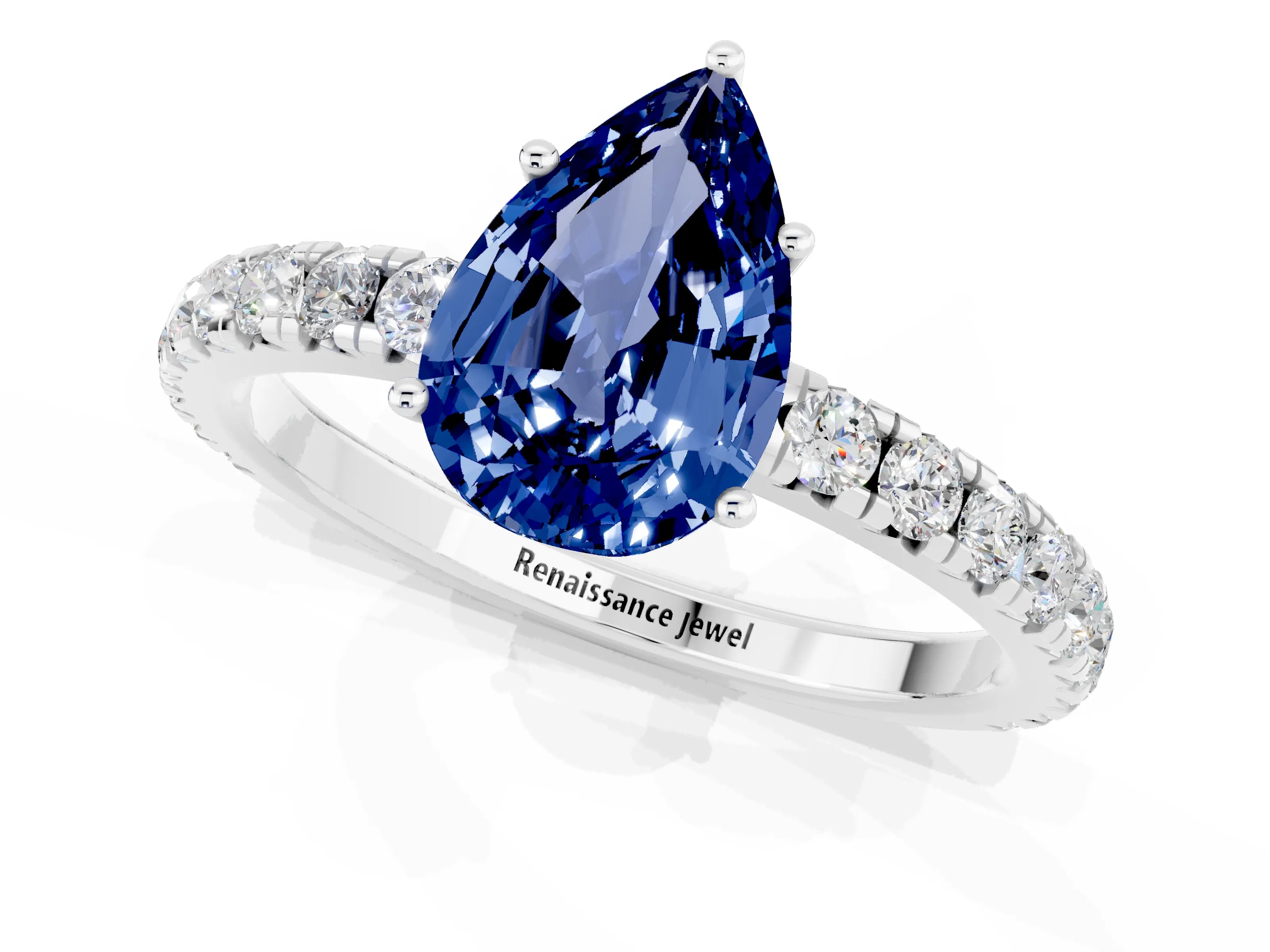 White gold Pear Cut Blue Sapphire Pavé Solitaire Engagement Ring with Four-Prong Setting_13