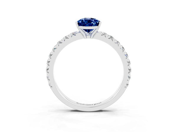 Silver Pear Cut Blue Sapphire Pavé Solitaire Engagement Ring with Four-Prong Setting