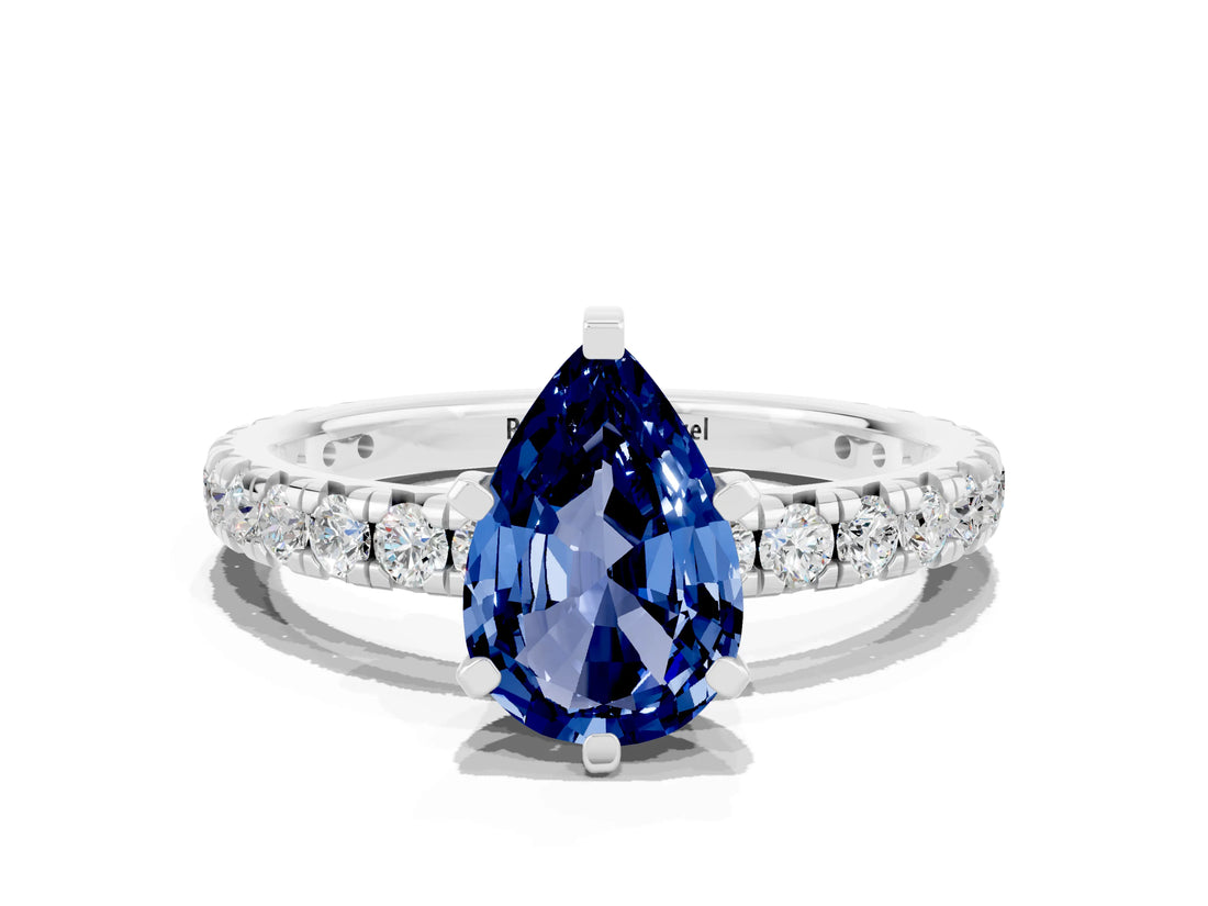 White gold Pear Cut Blue Sapphire Pavé Solitaire Ring with Round Band and Prong Setting_36