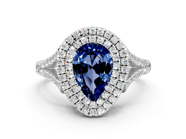 Platinum Pear Cut Blue Sapphire Pavé Split Shank Double Halo Engagement Ring