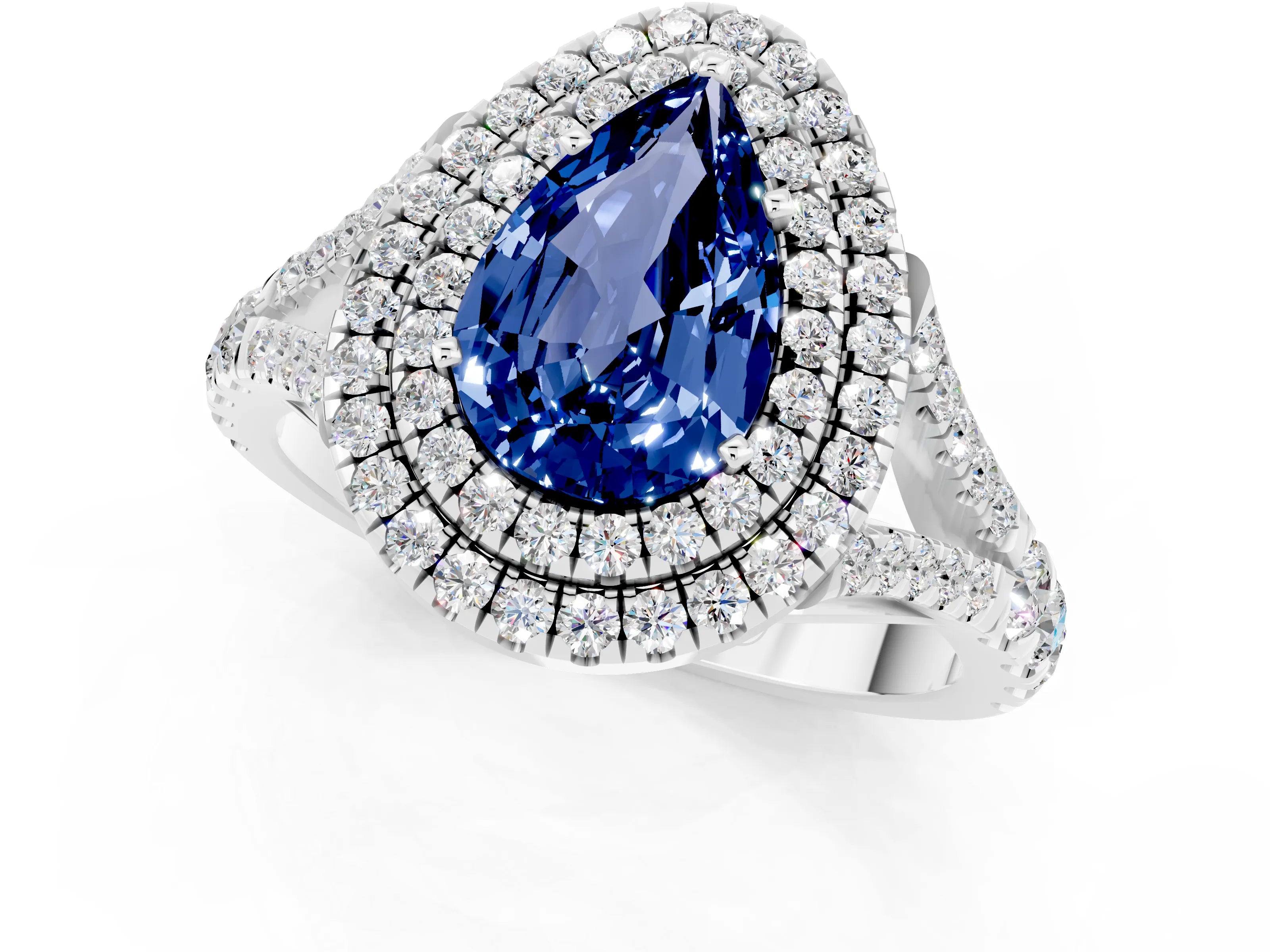 White gold Pear Cut Blue Sapphire Pavé Split Shank Double Halo Engagement Ring_1