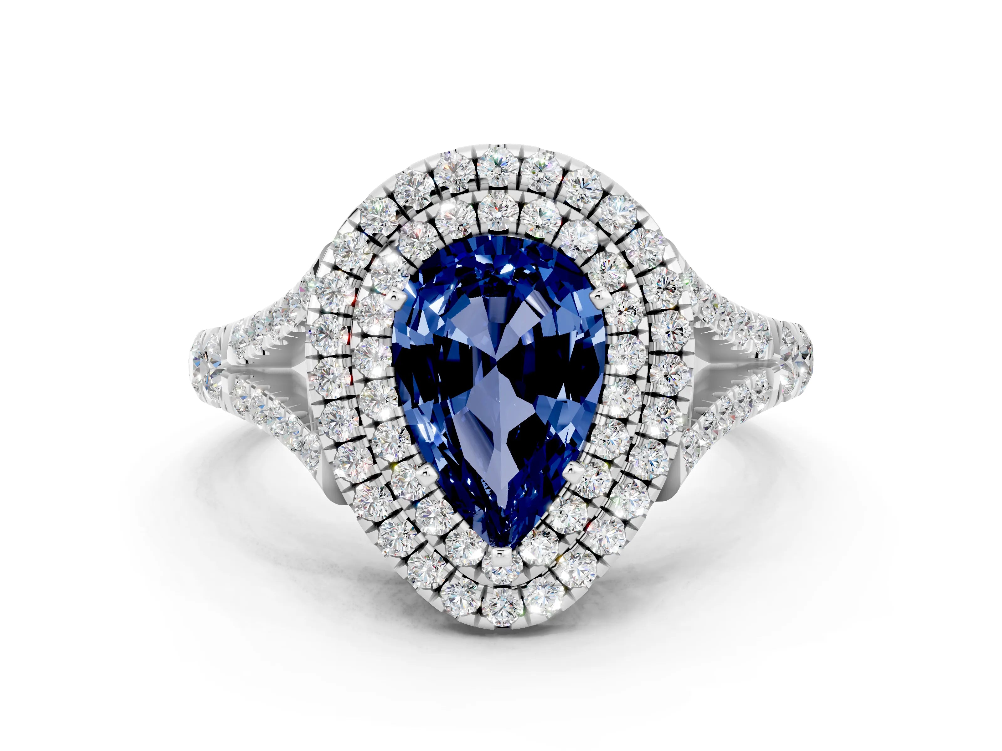 White gold Pear Cut Blue Sapphire Pavé Split Shank Double Halo Engagement Ring