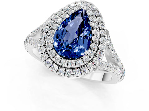 White gold Pear Cut Blue Sapphire Pavé Split Shank Double Halo Engagement Ring_1