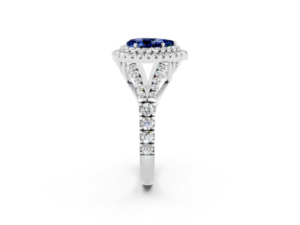 Platinum Pear Cut Blue Sapphire Pavé Split Shank Double Halo Engagement Ring