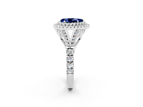 White gold Pear Cut Blue Sapphire Pavé Split Shank Double Halo Engagement Ring_2